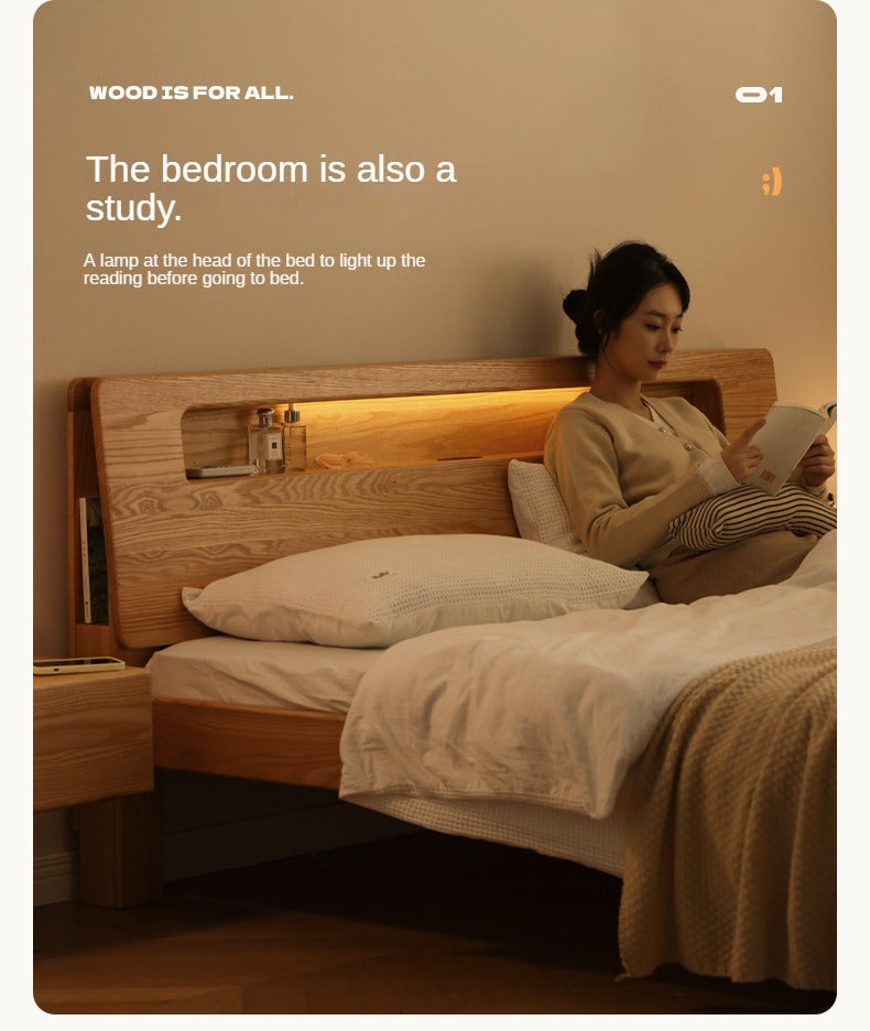 Oak solid wood bed with light and bookshelf