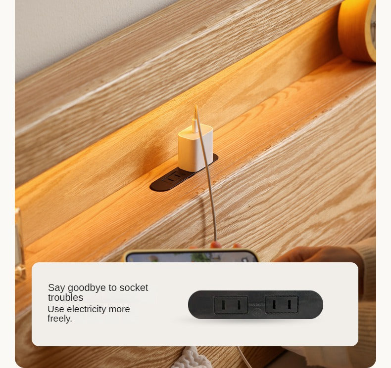 Oak solid wood bed with light and bookshelf