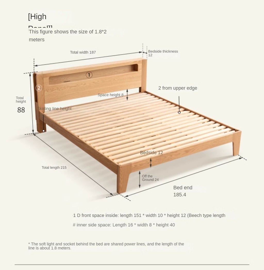 Oak solid wood bed with light and bookshelf