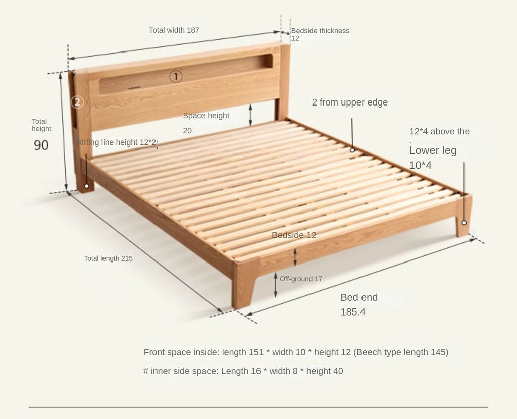Oak solid wood bed with light and bookshelf