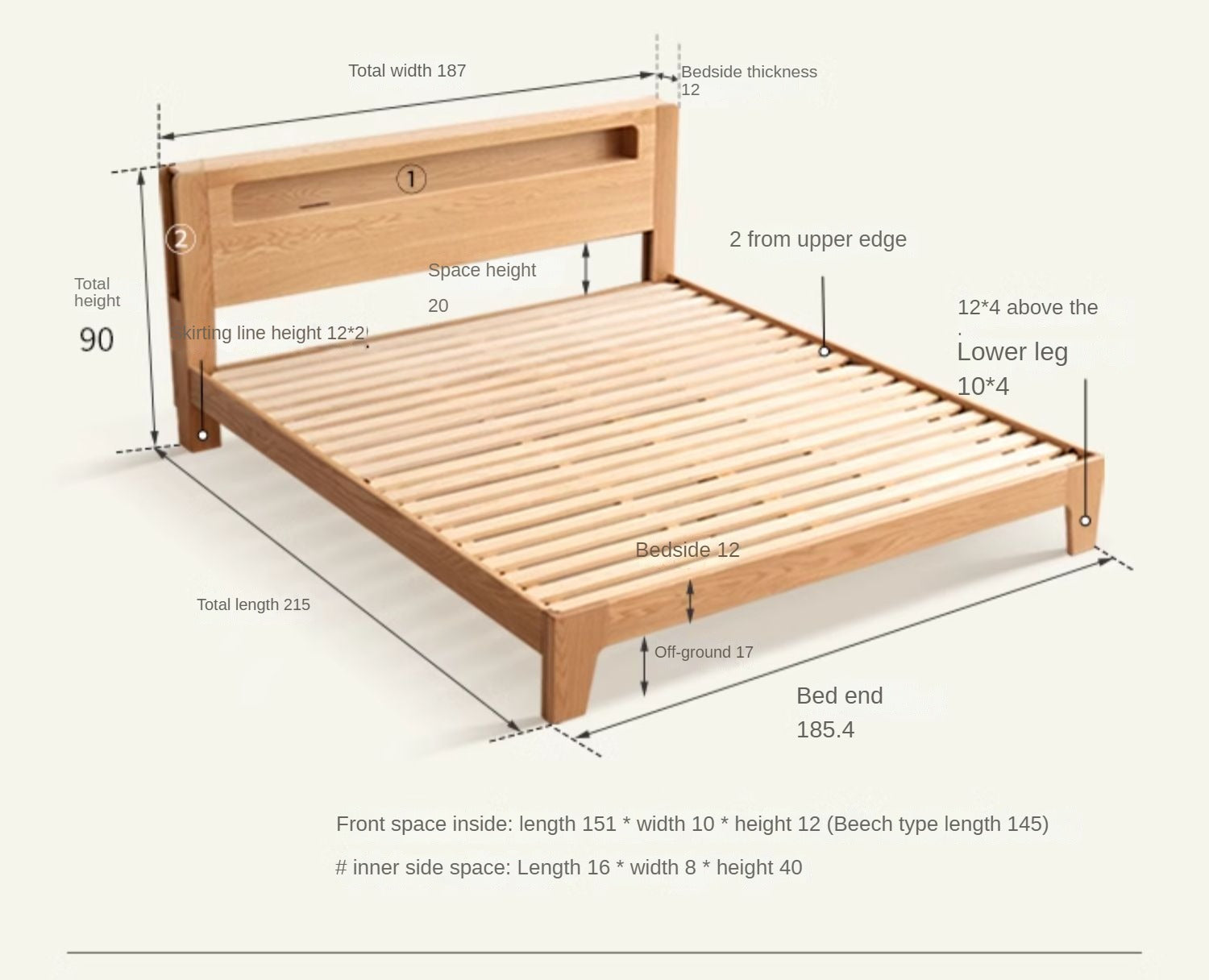 Oak solid wood bed with light and bookshelf