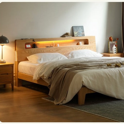 Oak solid wood bed with light and bookshelf
