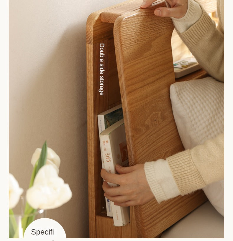 Oak solid wood bed with light and bookshelf