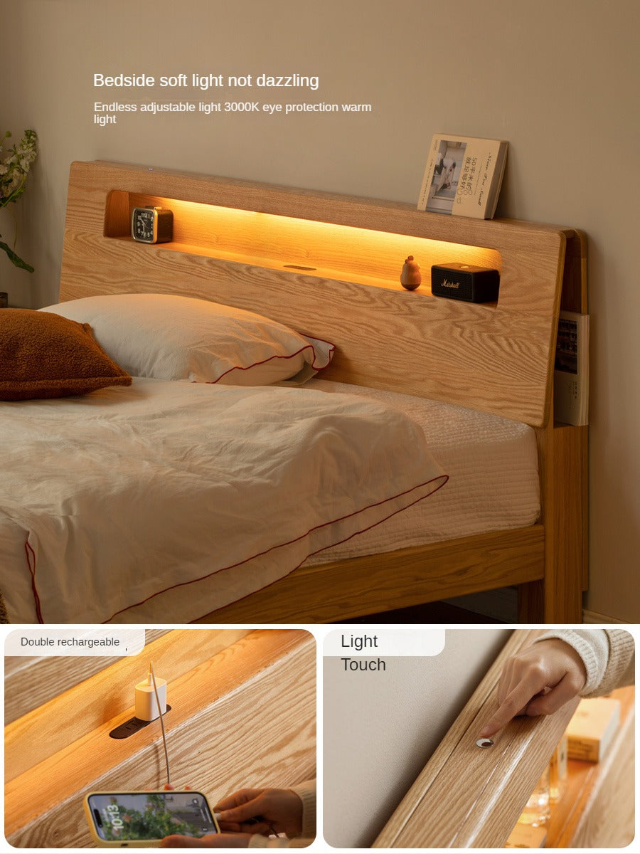 Oak solid wood bed with light and bookshelf