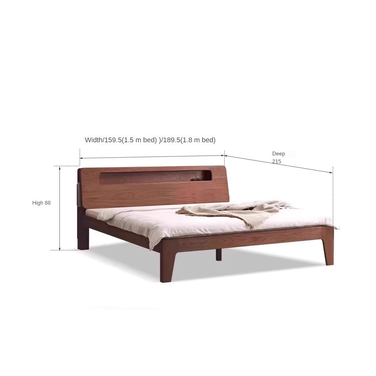 Oak solid wood bed with light and bookshelf