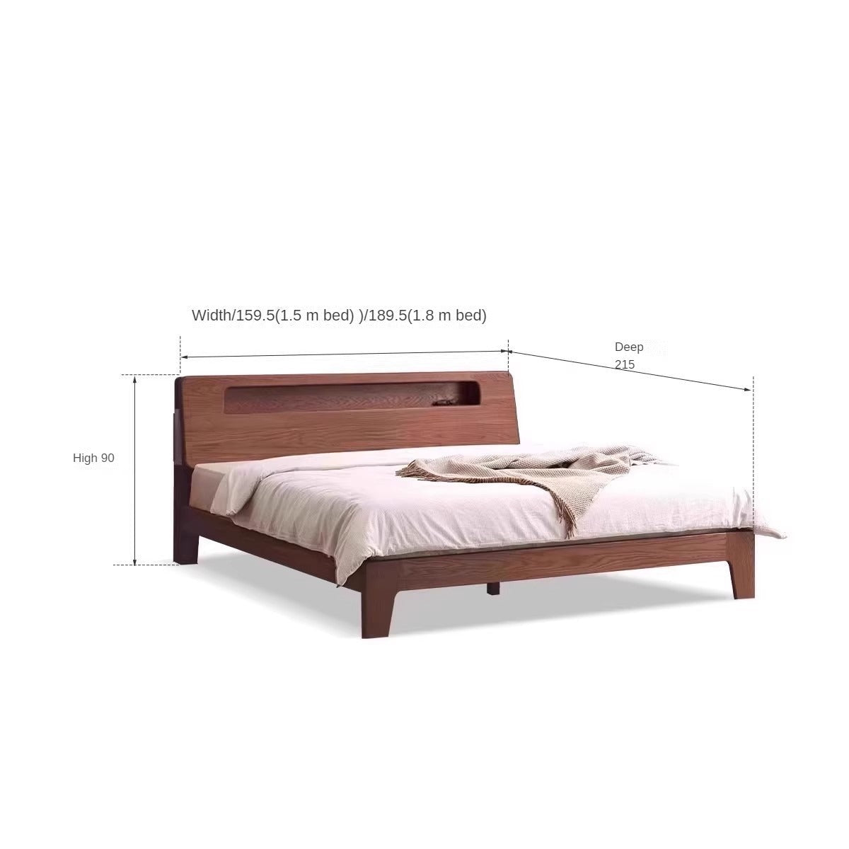 Oak solid wood bed with light and bookshelf