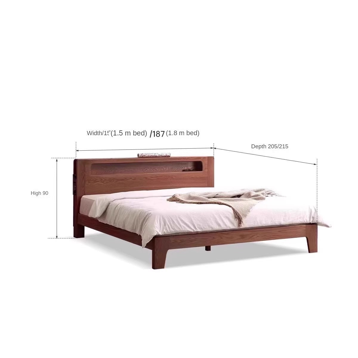 Oak solid wood bed with light and bookshelf