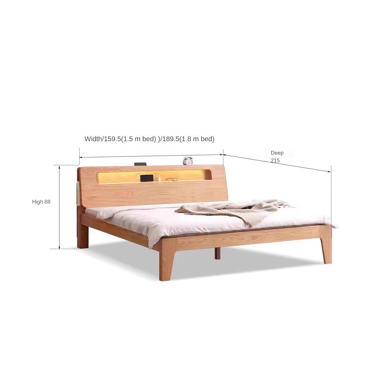 Oak solid wood bed with light and bookshelf