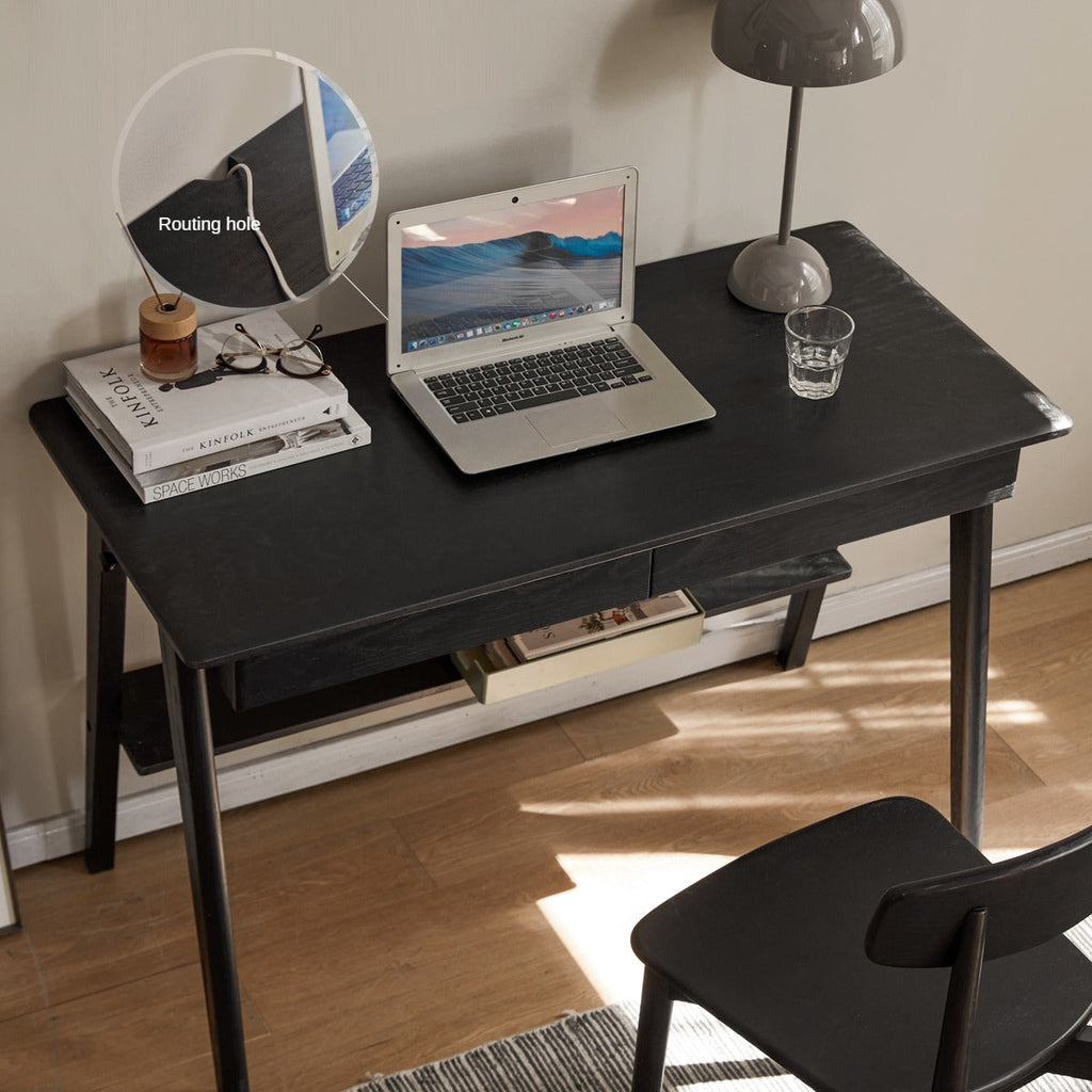 Oak Solid Wood Black Office Desk With Drawer