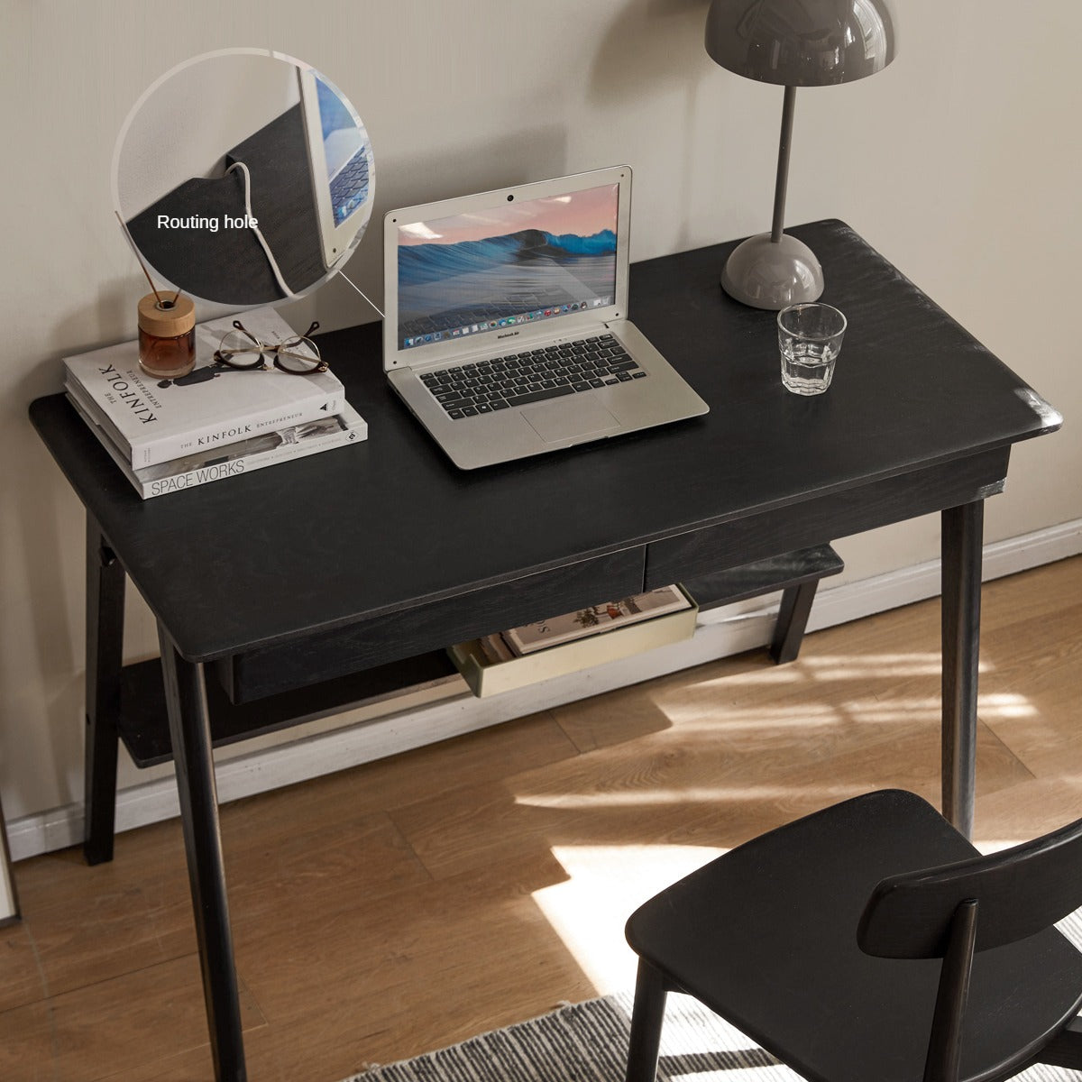 Oak Solid Wood Black Office Desk With Drawer