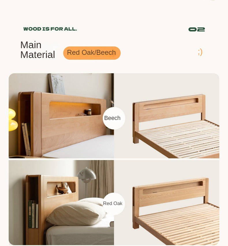Oak solid wood bed with light and bookshelf