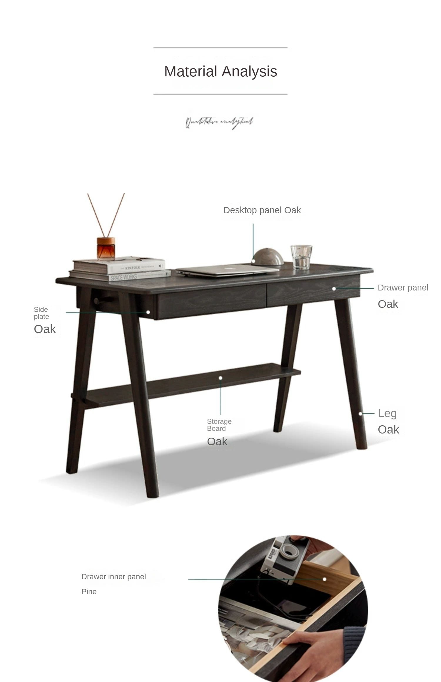 Oak Solid Wood Black Office Desk With Drawer