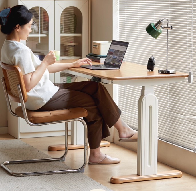 Beech Solid Wood Cream Style Study Electric Lift Desk