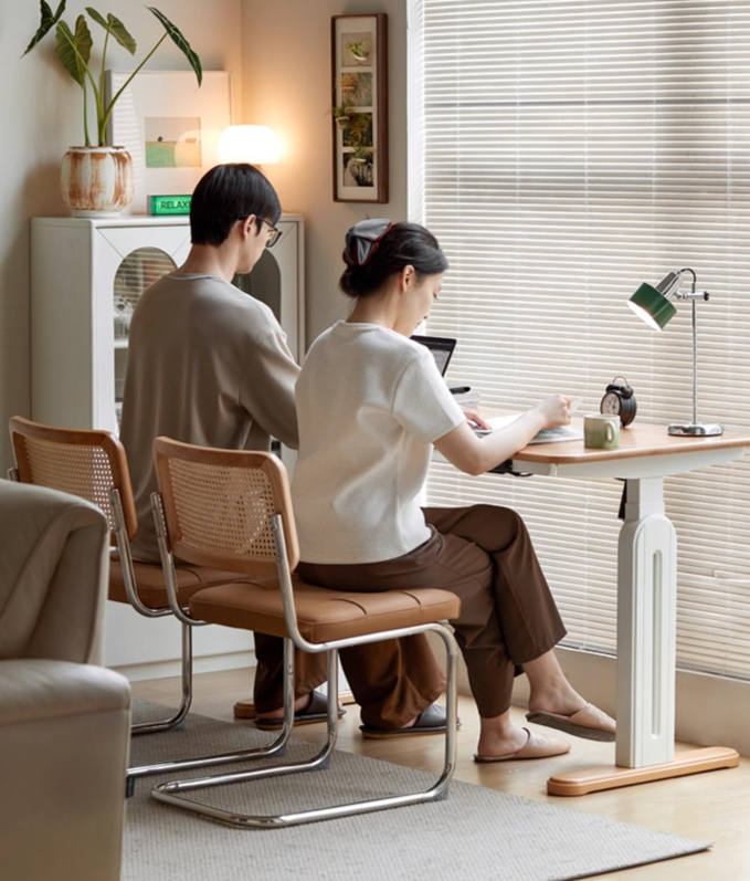 Beech Solid Wood Cream Style Study Electric Lift Desk