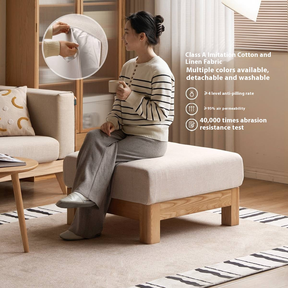 Black Walnut, Oak, Ash, Poplar Solid Wood Footstool Small Fabric Stool