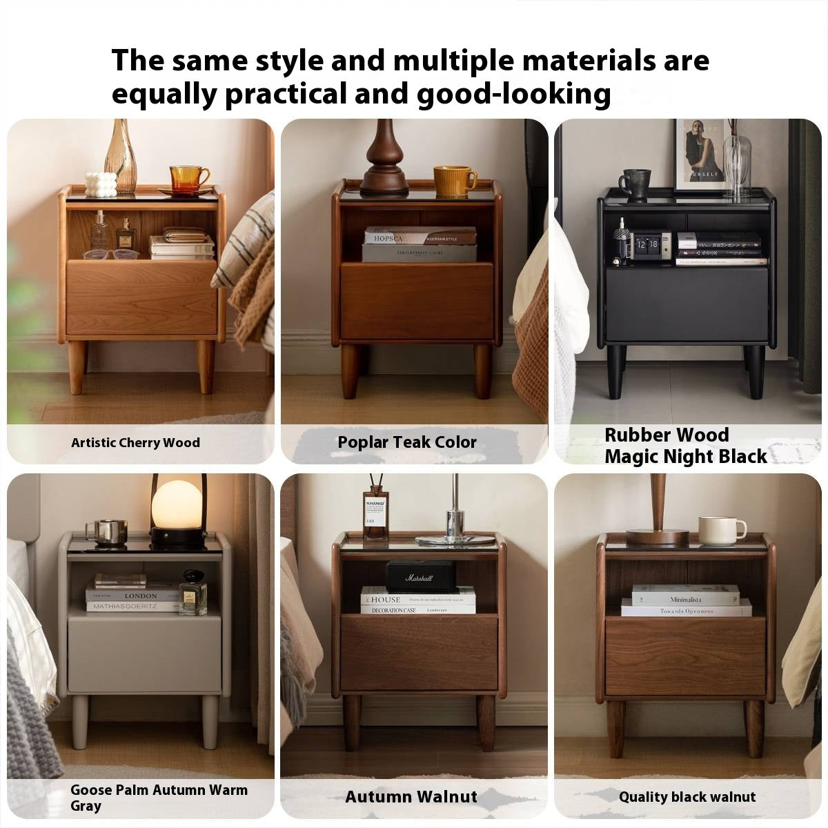 Ash, Cherry, Black walnut, Poplar, Solid Rubberwood Modern Nightstand.