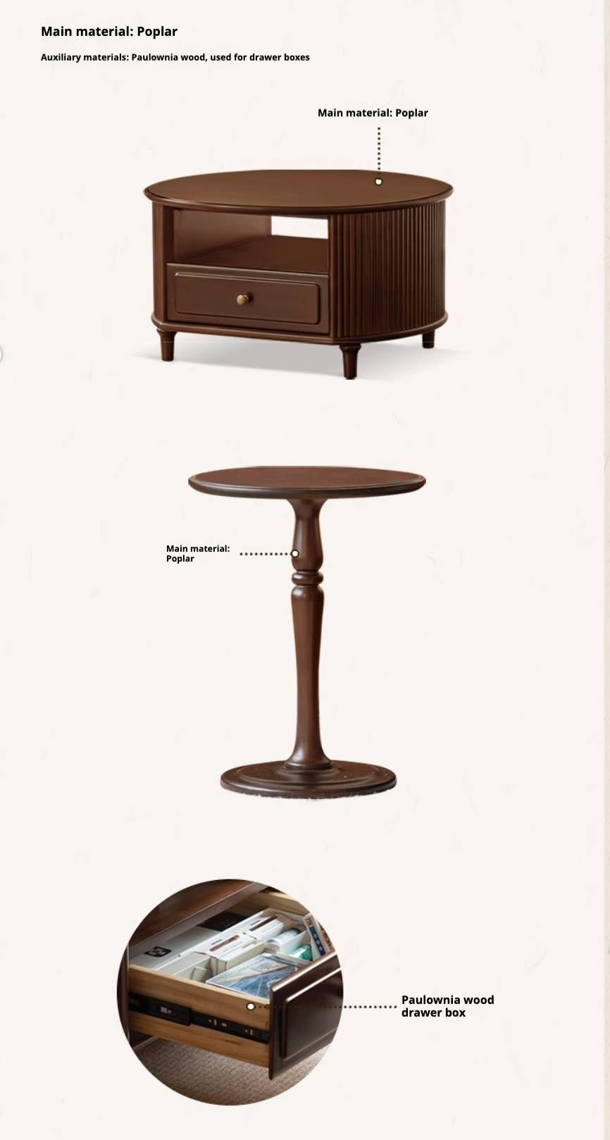 Poplar Solid Wood American Retro Style Round Coffee Table