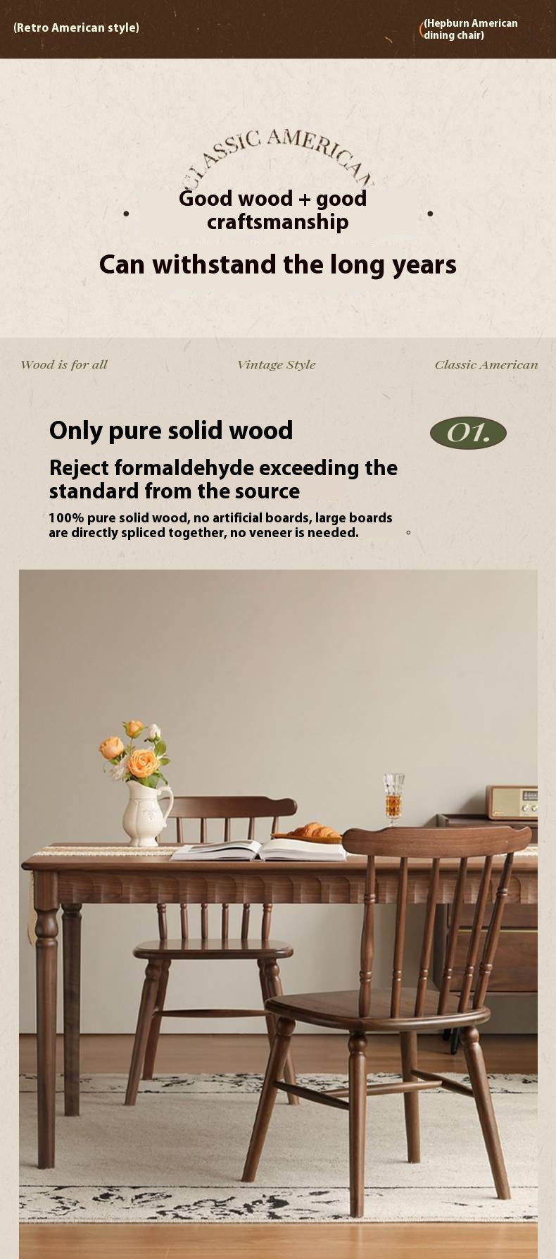 Set 4 pcs Black Walnut Solid Wood American Retro Style Dining Chair