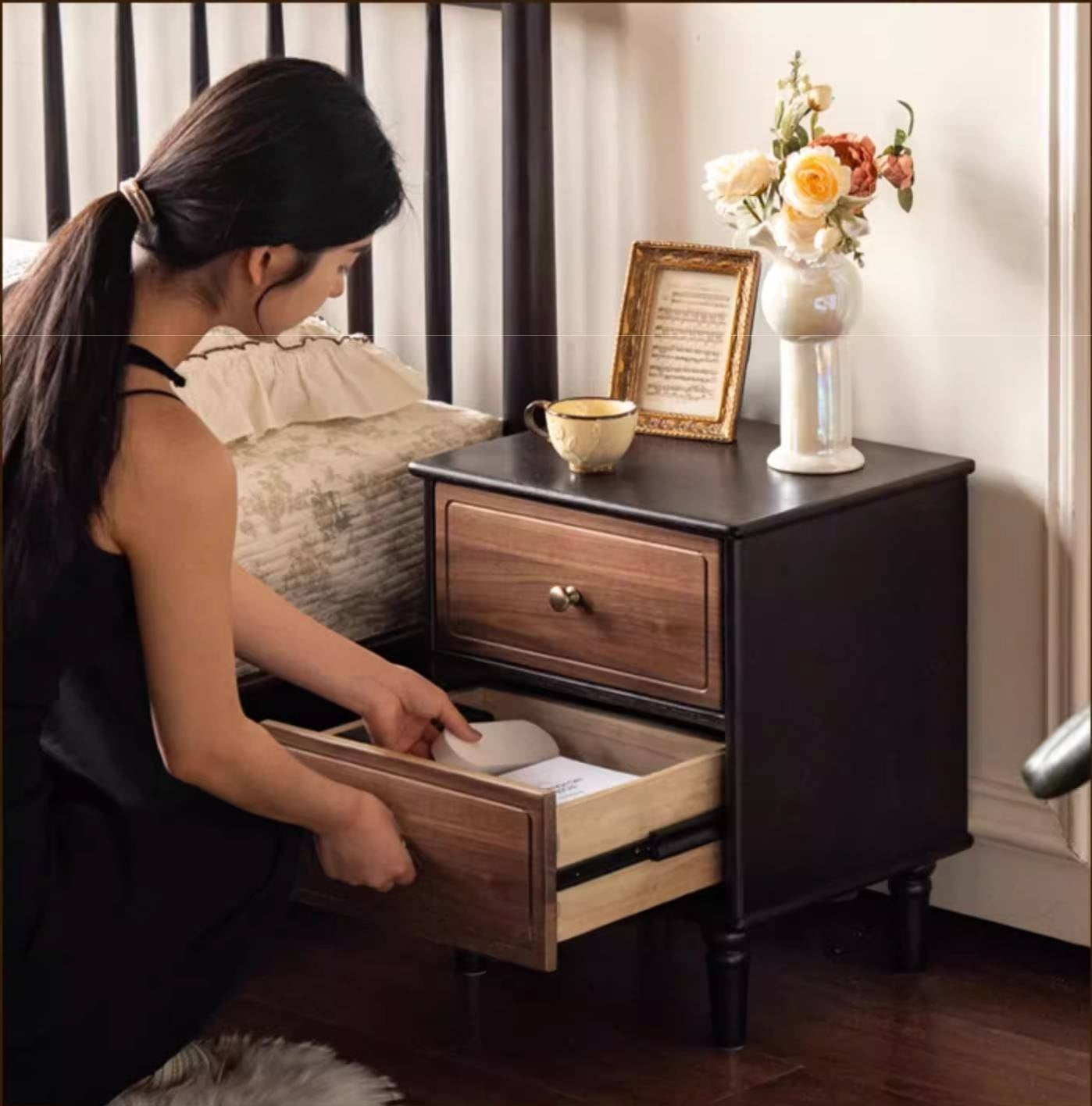 Black Walnut American Retro Style Solid Wood Nightstand