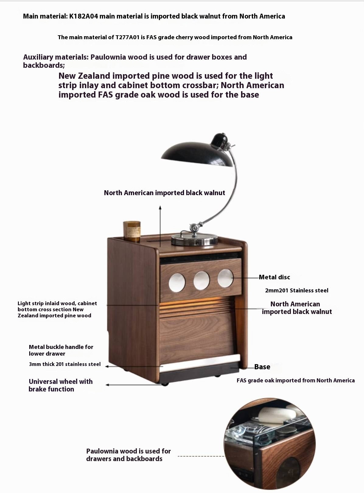 Black Walnut, Cherry, Ash, Poplar Solid Wood Nightstand