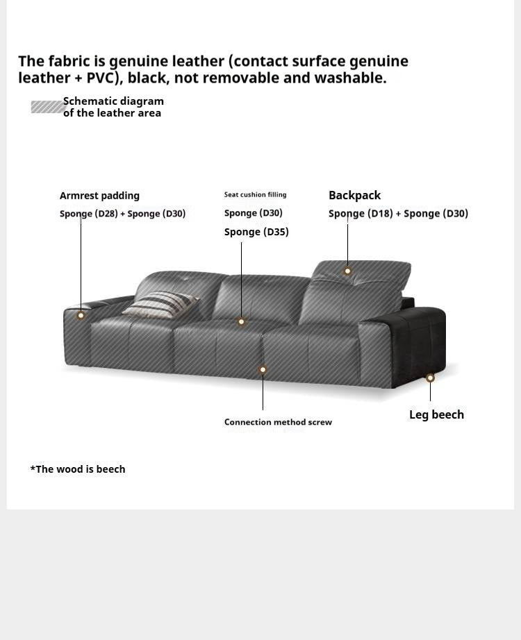 Leather Black High Back Straight Sofa