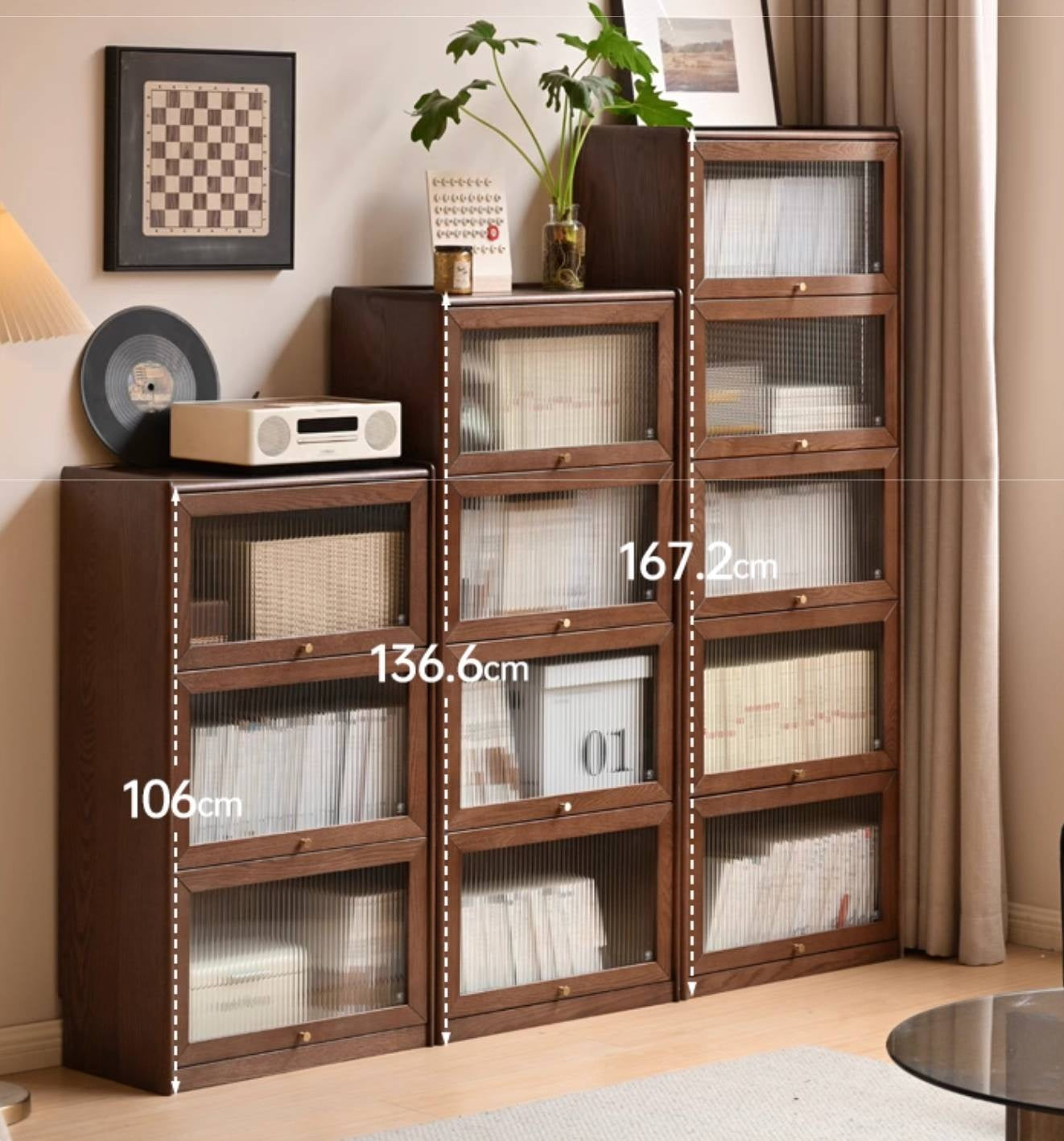Oak Solid Wood Modern Glass Bookcase Combination