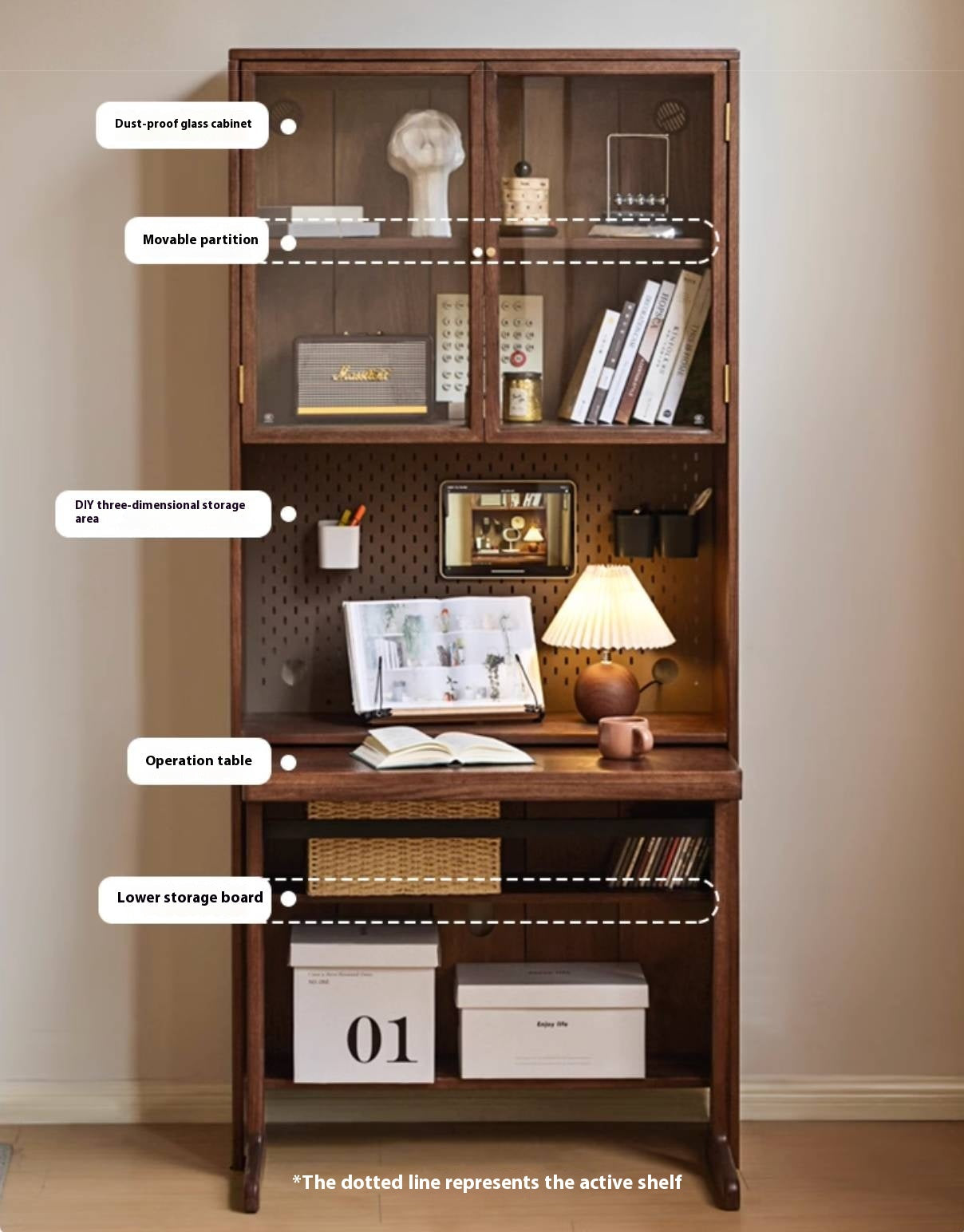 Oak, Black Walnut Solid Wood Office Desk With Integrated Bookshelf