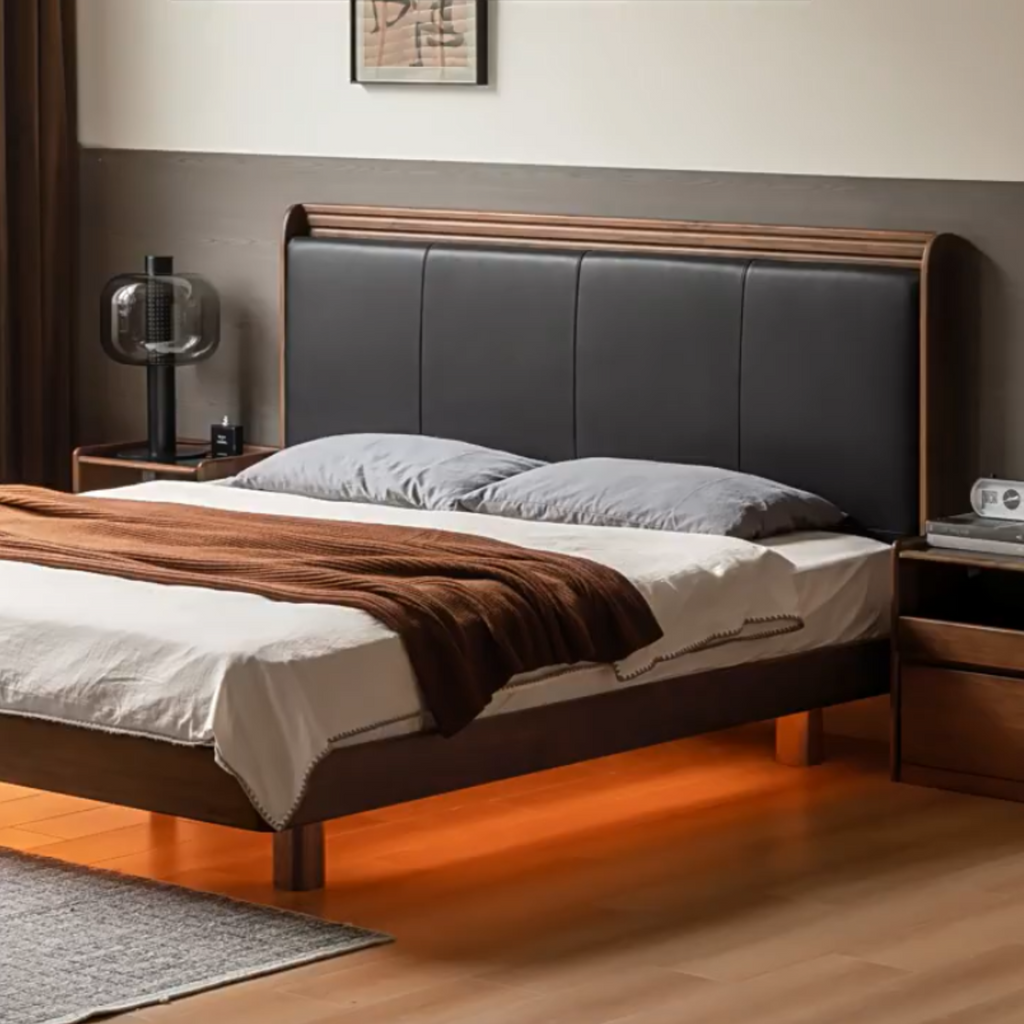 Black Walnut Solid Wood  Luxury Leather With Light Bed
