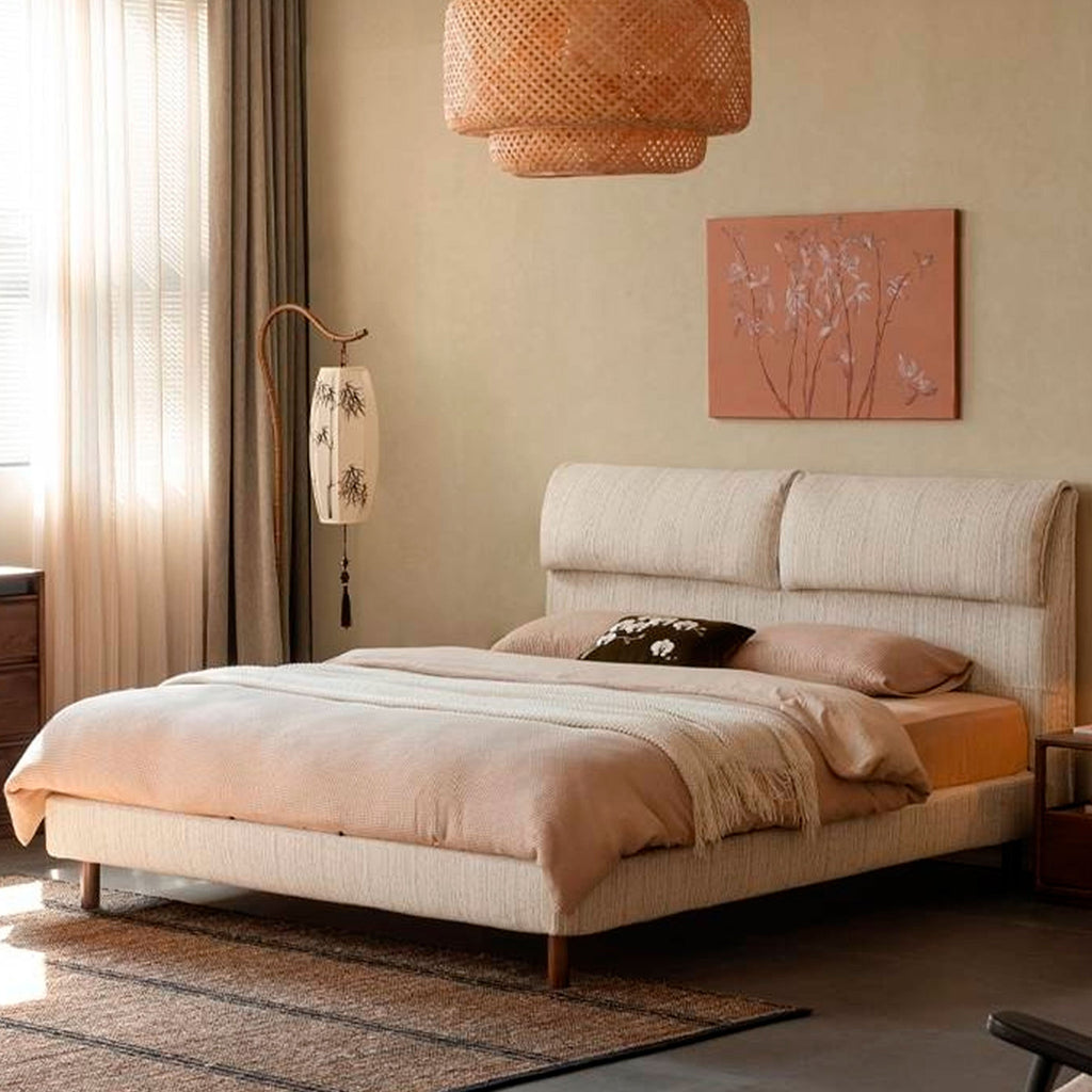 Fabric Beige Soft Bed Modern Style