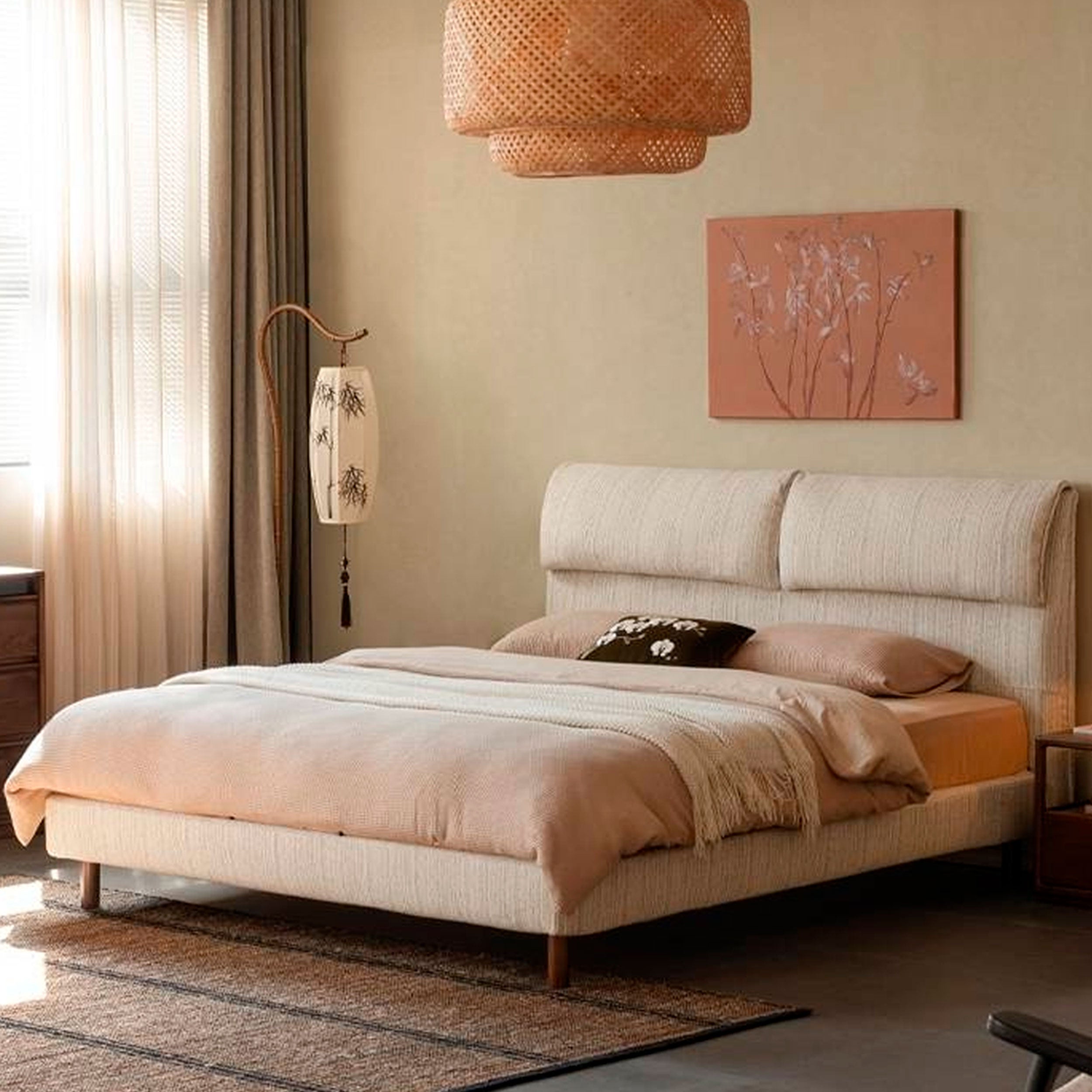 Fabric Beige Soft Bed Modern Style