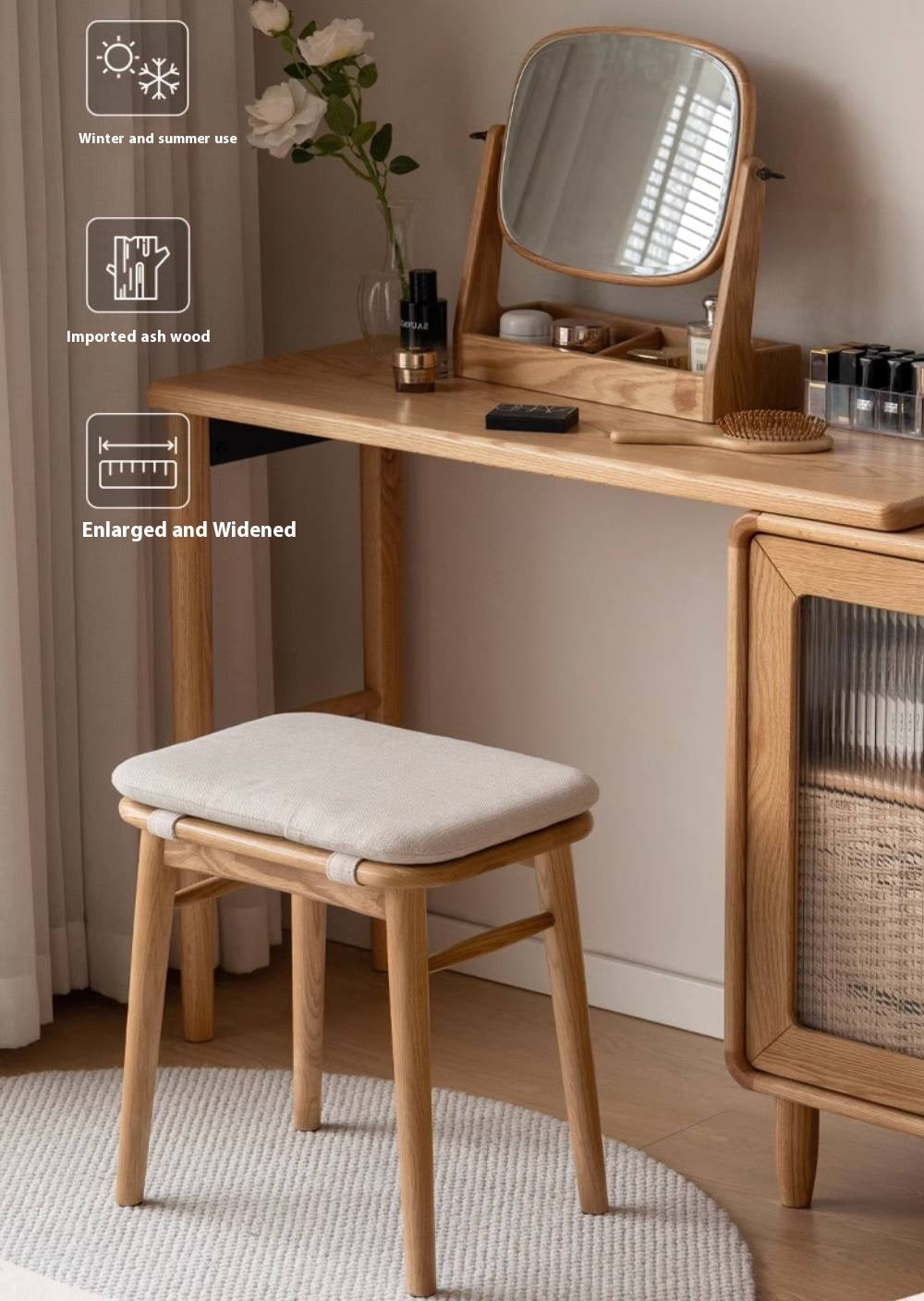 Ash Solid Wood Square Makeup Stool