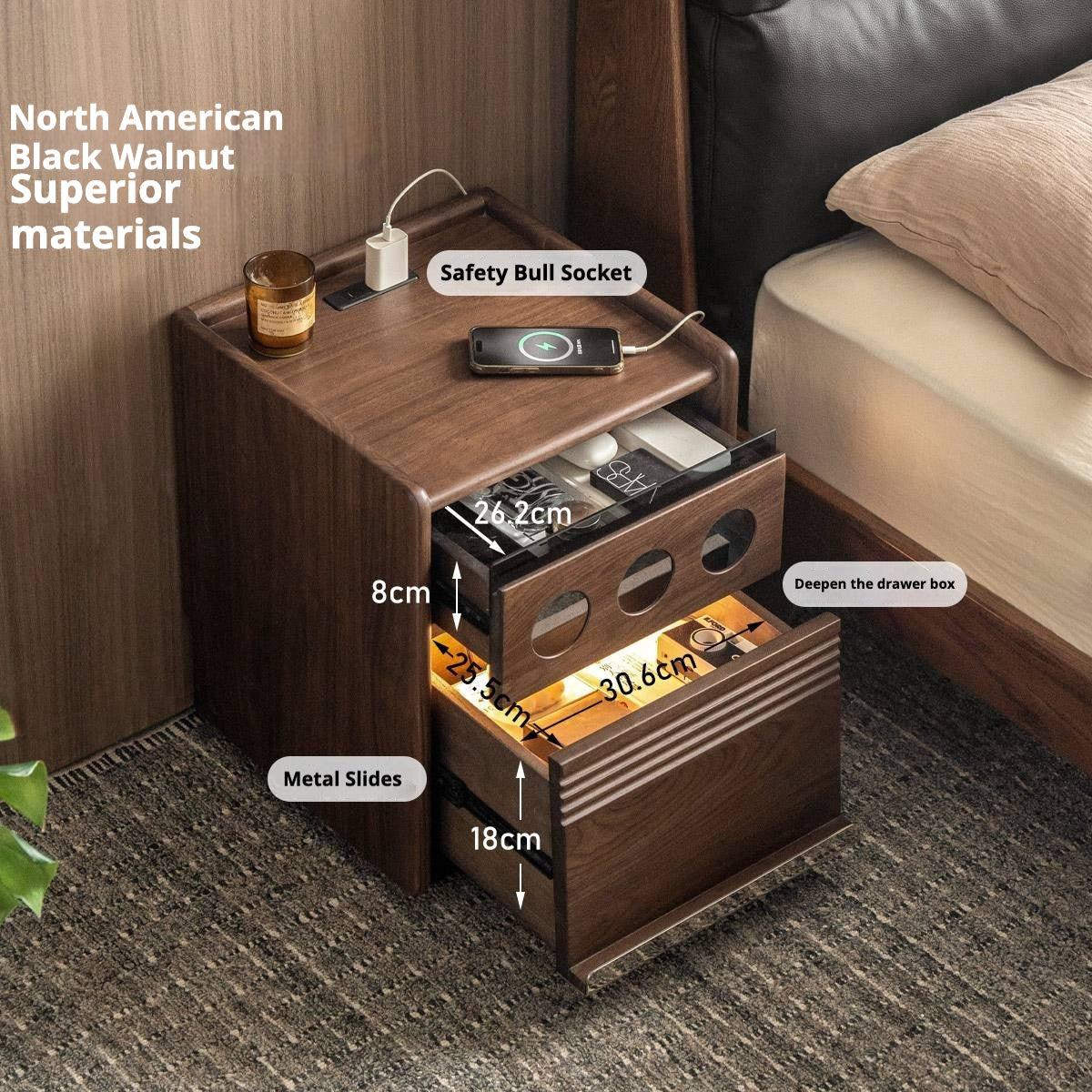 Black Walnut, Cherry, Ash, Poplar Solid Wood Nightstand