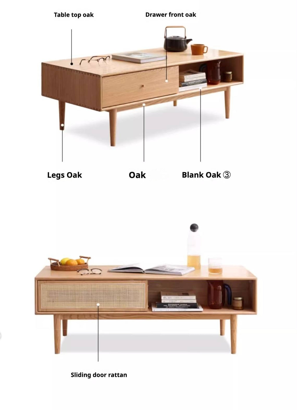 Oak Solid Wood Modern Style Rattan Tea Table