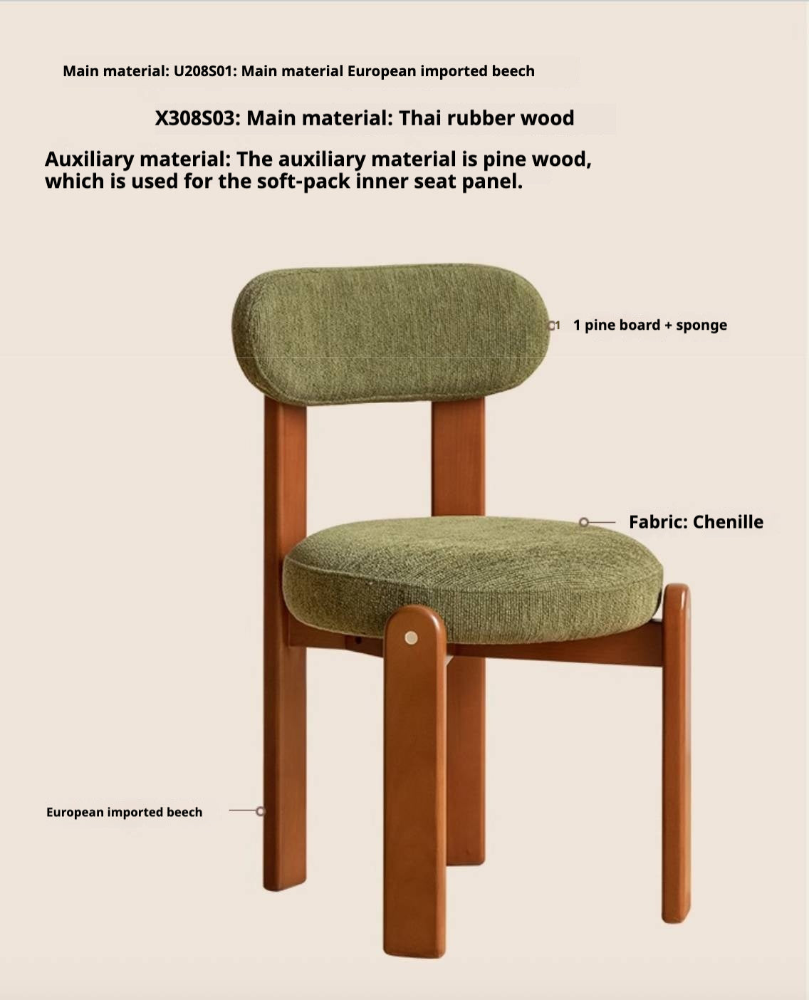 Black Walnut, Cherry, Beech, Solid Rubberwood Retro Style Dining Chair