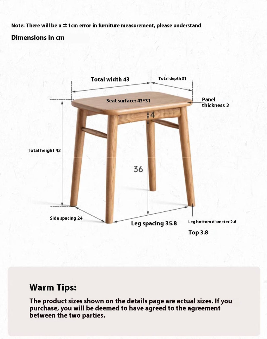 Ash Solid Wood Square Makeup Stool