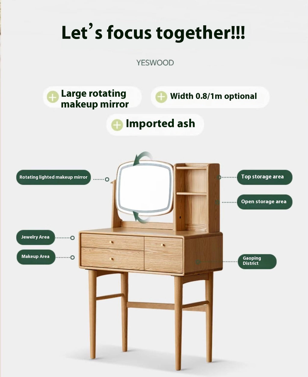 Ash Solid Wood Modern Style Dressing Table Multi Functional