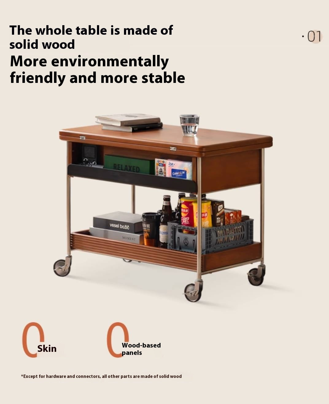 Poplar Solid Wood Middle Ancient Style Mobile Tea Table