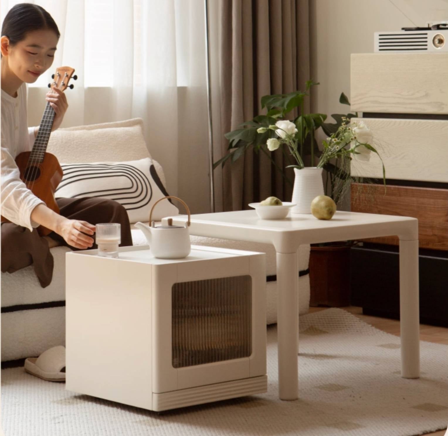 Poplar Solid Wood Cream Style Coffee Table Combination