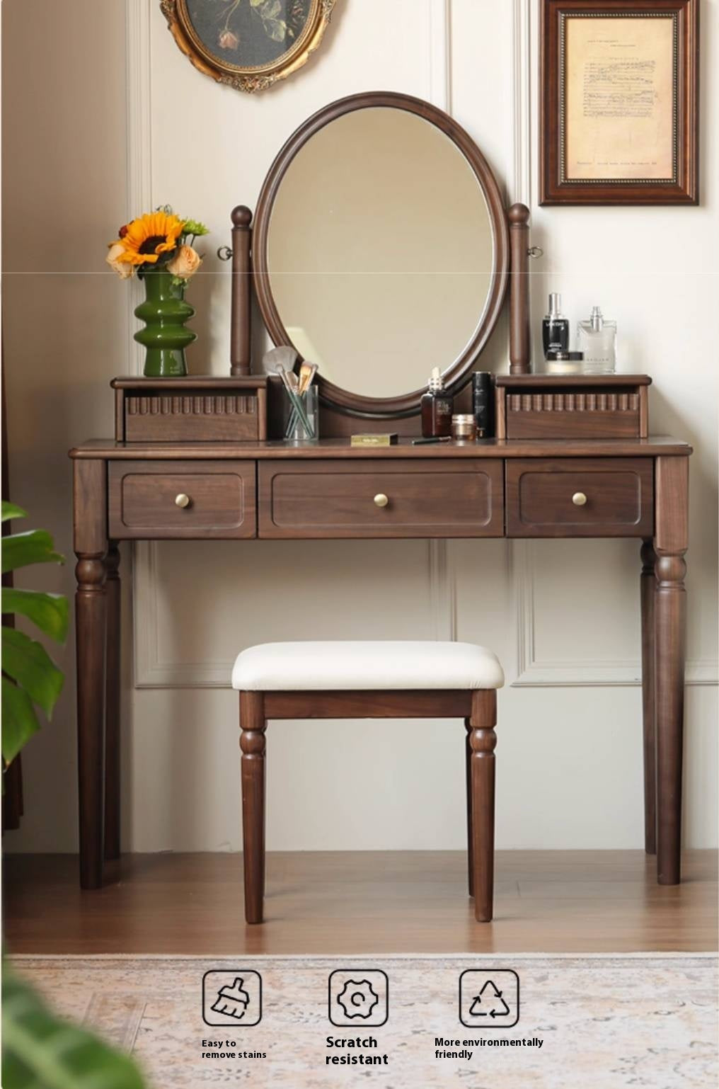 Black Walnut Solid Wood American Retro Style Makeup Stool