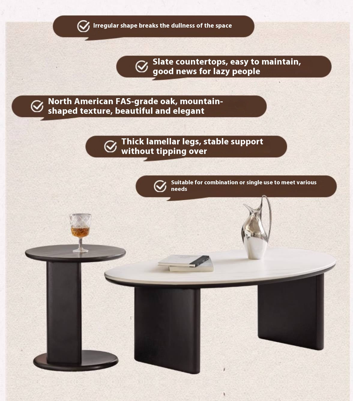 Oak Solid Wood Rock Slab Coffee Table Combination