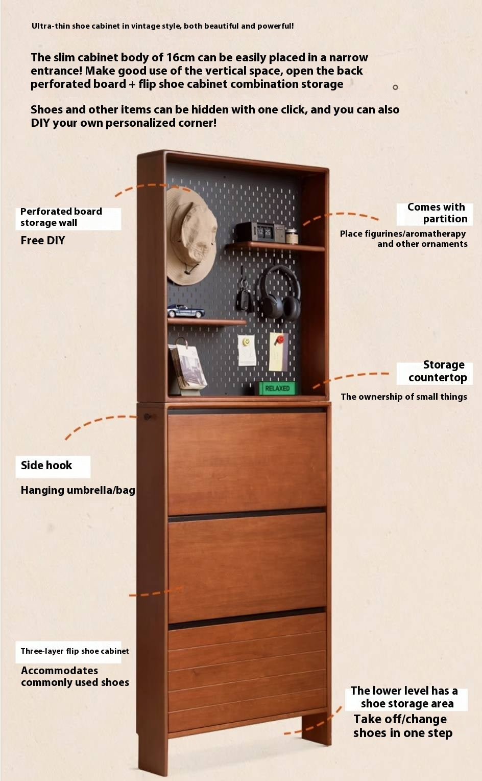 Poplar Solid Wood Middle-Age Ultra-Thin Shoe Cabinet