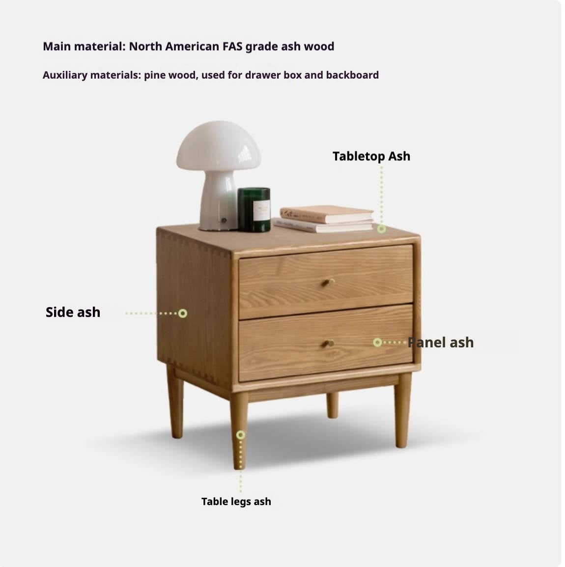 Ash, Cherry Solid Wood Modern Style Nightstand