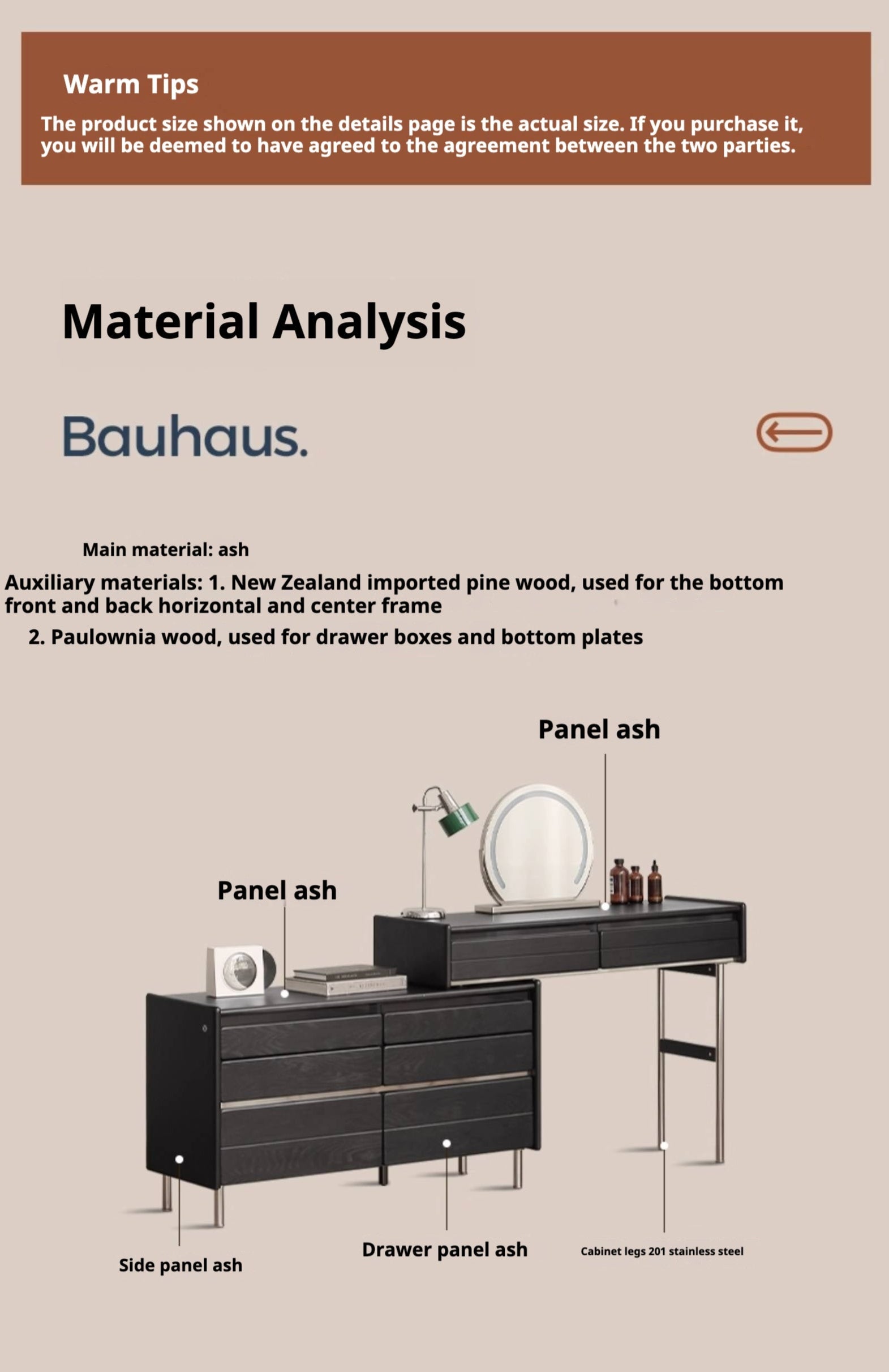 Ash Solid Wood Bauhaus Retractable Makeup Table