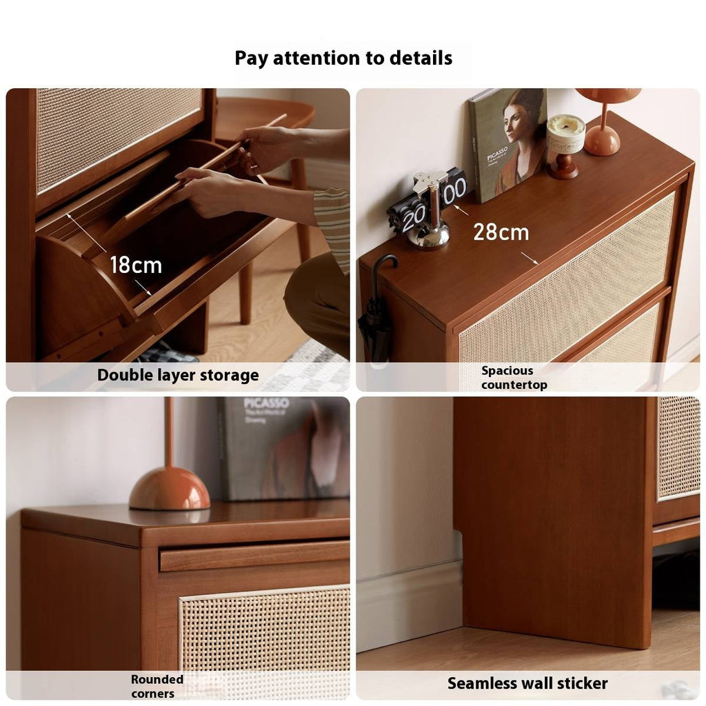 Poplar Solid Wood Rattan Shoe Cabinet Antique Style