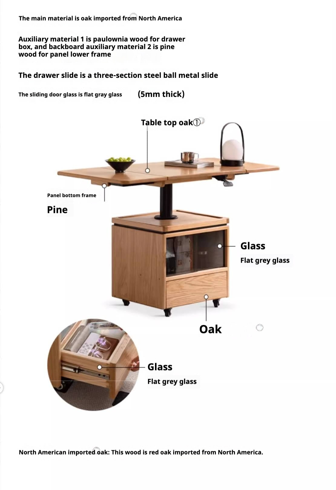 Oak Solid Wood Modern Style Lifting Mobile Coffee Table