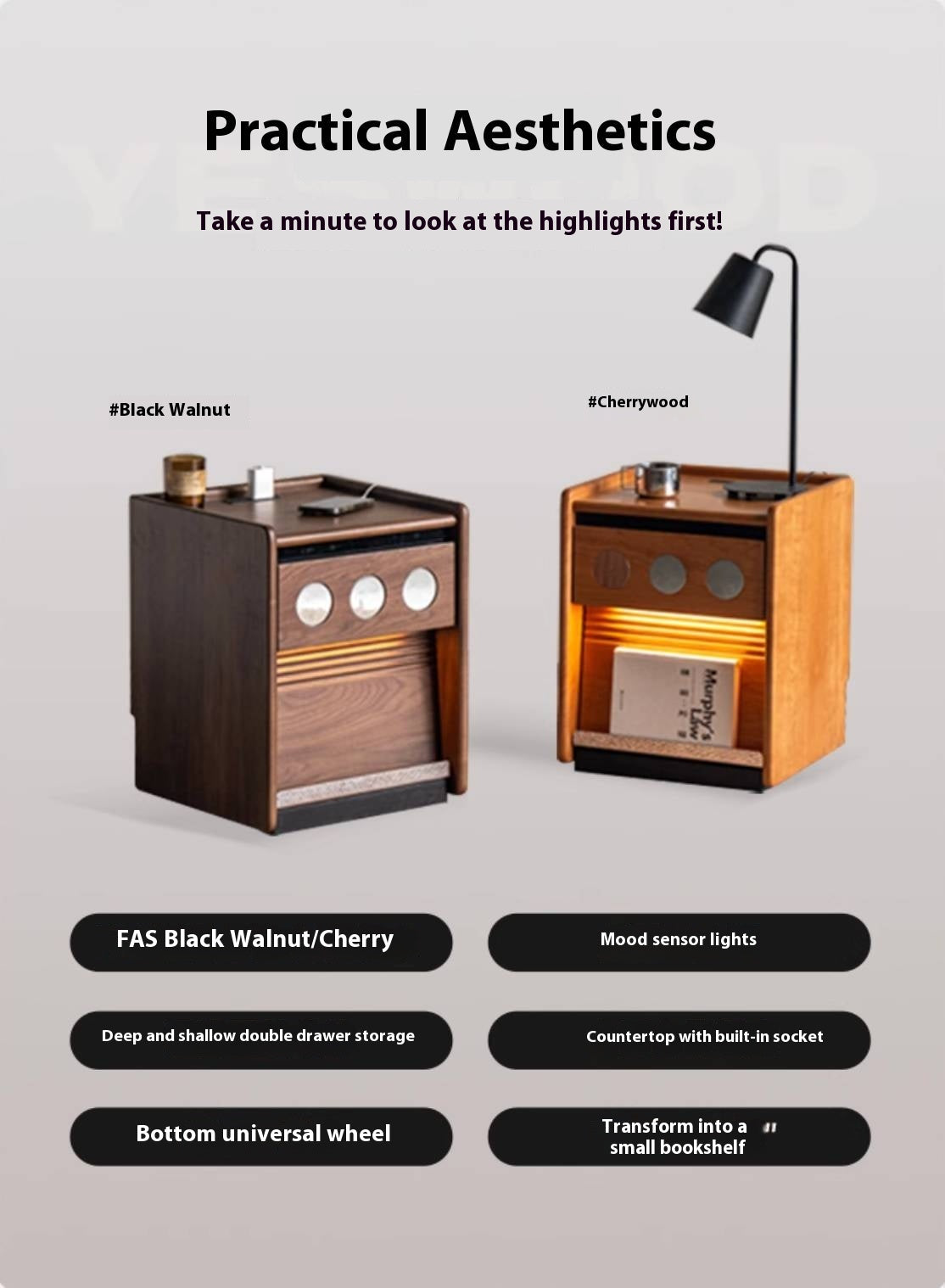 Black Walnut, Cherry, Ash, Poplar Solid Wood Nightstand