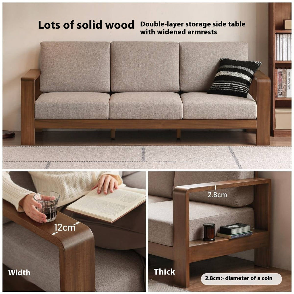 Walnut Solid Wood Three Seat Fabric Sofa