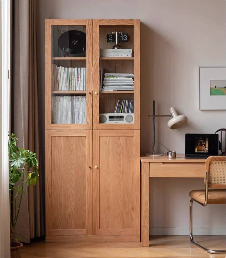 Oak, Rubberwood Solid Wood Bookcase With Glass Doors