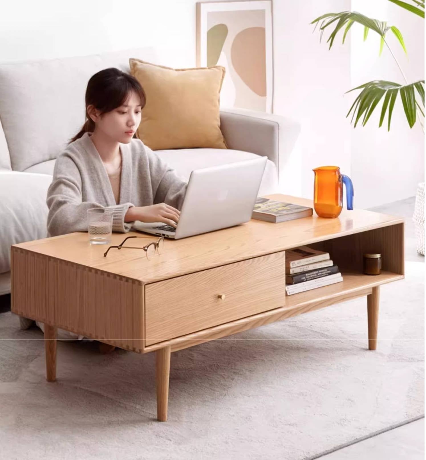 Oak Solid Wood Modern Style Rattan Tea Table