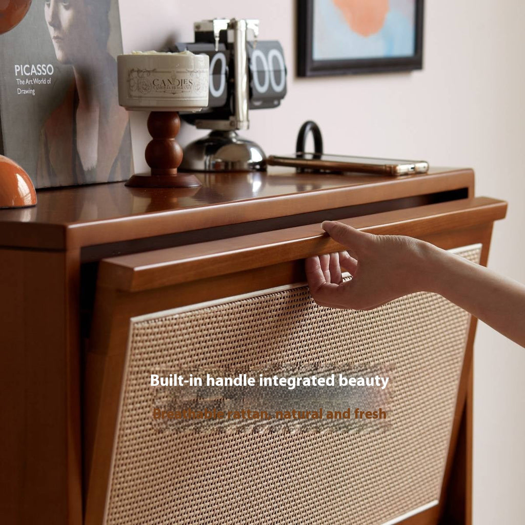 Poplar Solid Wood Rattan Shoe Cabinet Antique Style